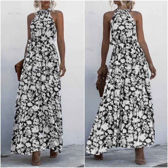 Boho Red White leopard Print Halter Ruffle Maxi Dress - Picture 3 of 13